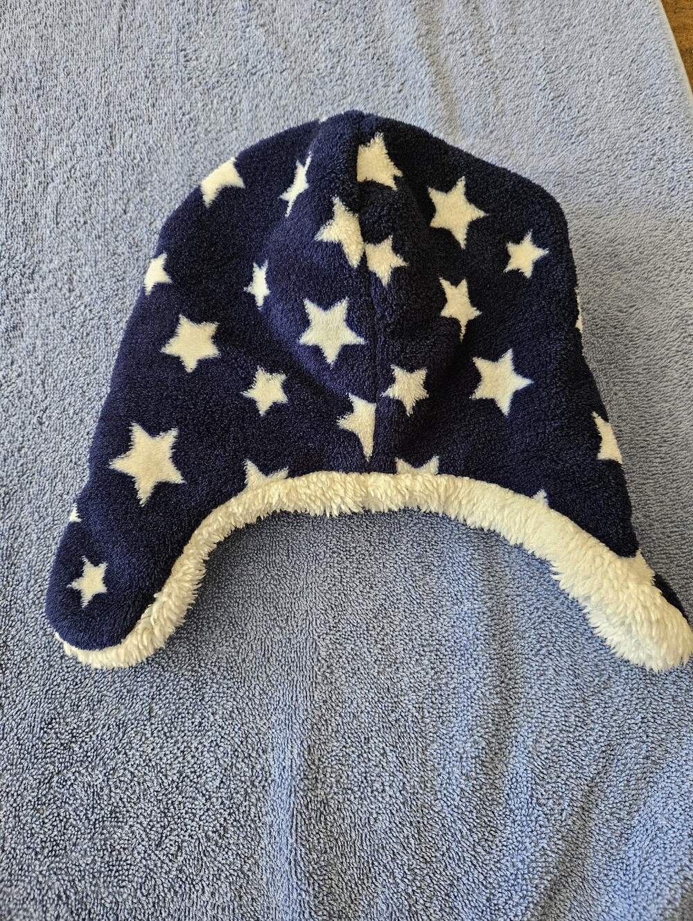 Adult Navy Star Sherpa Trapper Hat - Cozy Winter Headwear. 11.8" x 7.5"